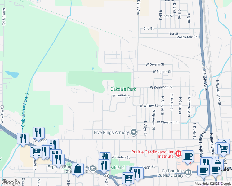 map of restaurants, bars, coffee shops, grocery stores, and more near 1016 West Laurel Street in Carbondale