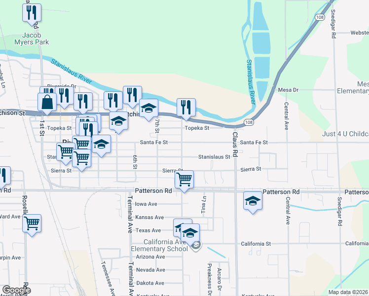 map of restaurants, bars, coffee shops, grocery stores, and more near 6623 8th Street in Riverbank