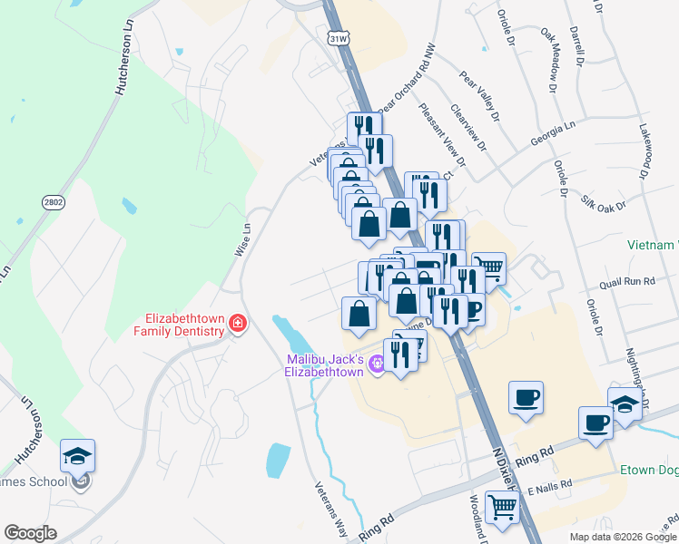map of restaurants, bars, coffee shops, grocery stores, and more near 212 Routt Drive in Elizabethtown