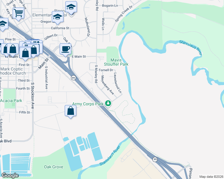 map of restaurants, bars, coffee shops, grocery stores, and more near 449 Meyenberg Avenue in Ripon