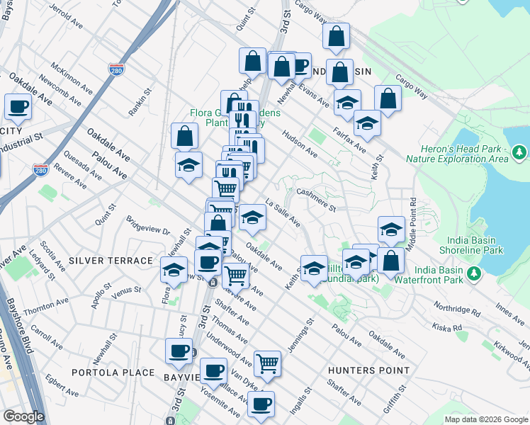 map of restaurants, bars, coffee shops, grocery stores, and more near 1538 McKinnon Avenue in San Francisco