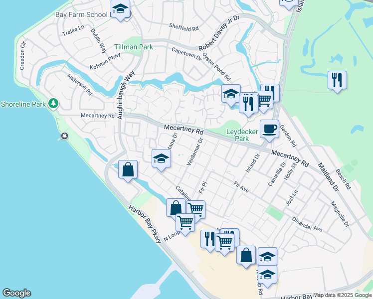 map of restaurants, bars, coffee shops, grocery stores, and more near 3032 Cerro Vista in Alameda