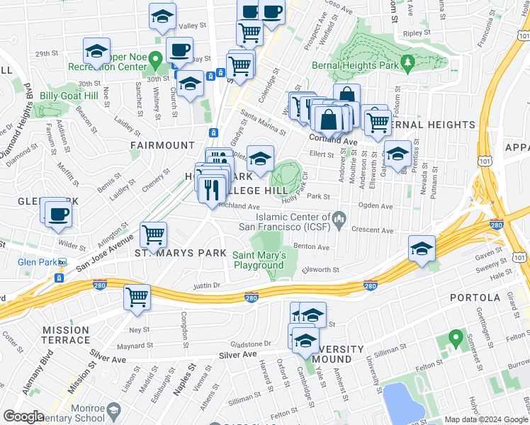 map of restaurants, bars, coffee shops, grocery stores, and more near 260 Richland Avenue in San Francisco