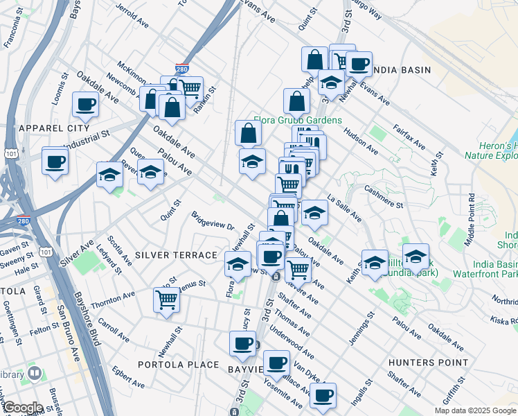 map of restaurants, bars, coffee shops, grocery stores, and more near 1711 Oakdale Avenue in San Francisco