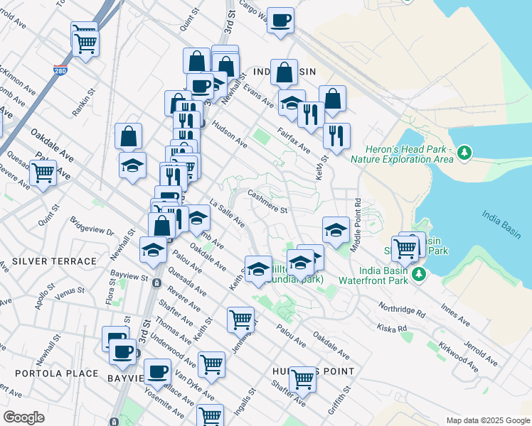 map of restaurants, bars, coffee shops, grocery stores, and more near 14 Hillview Court in San Francisco