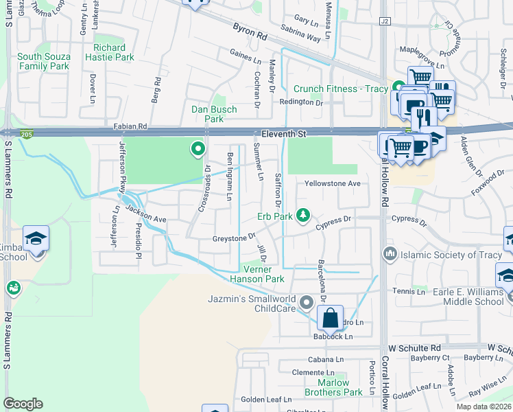 map of restaurants, bars, coffee shops, grocery stores, and more near 2420 Garrett Court in Tracy
