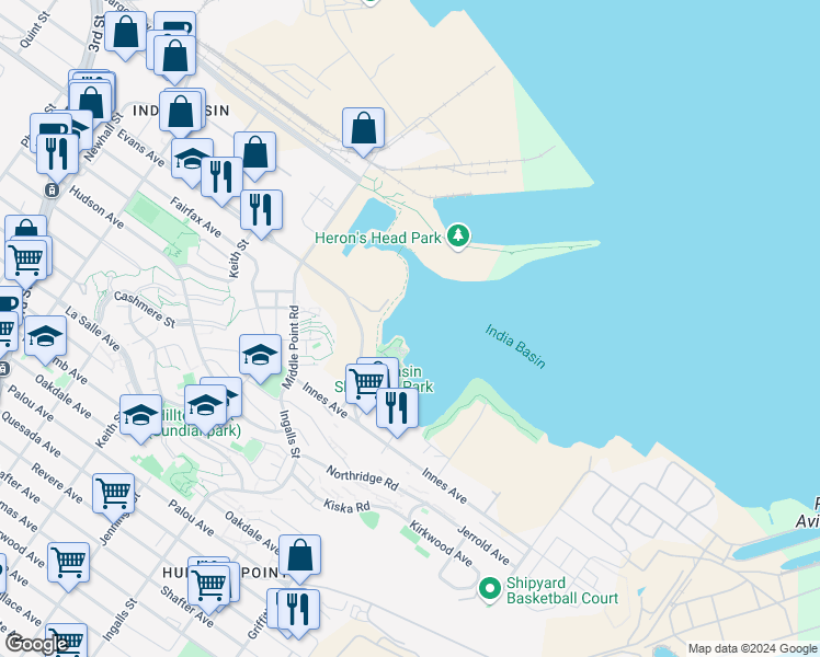 map of restaurants, bars, coffee shops, grocery stores, and more near Evans Avenue in San Francisco