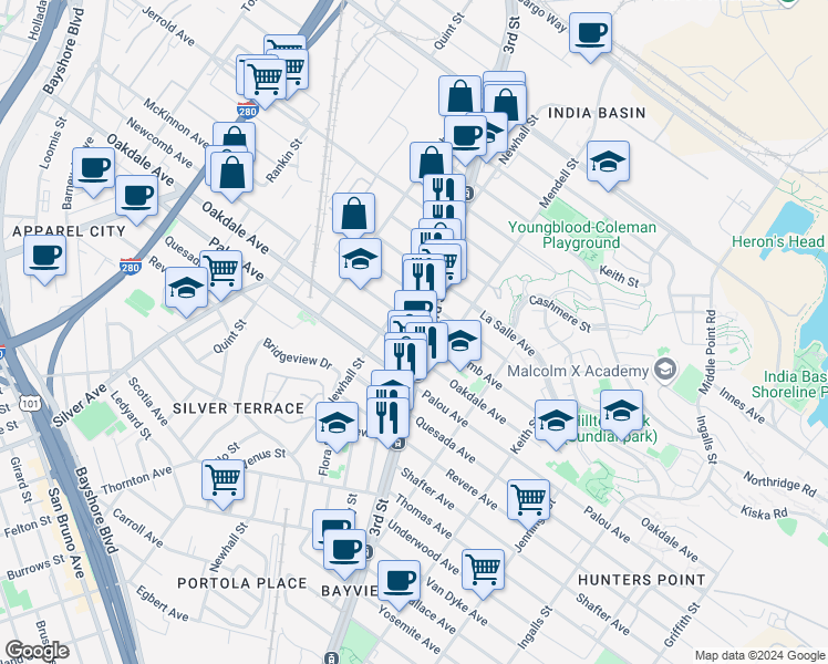 map of restaurants, bars, coffee shops, grocery stores, and more near 1633 Newcomb Avenue in San Francisco