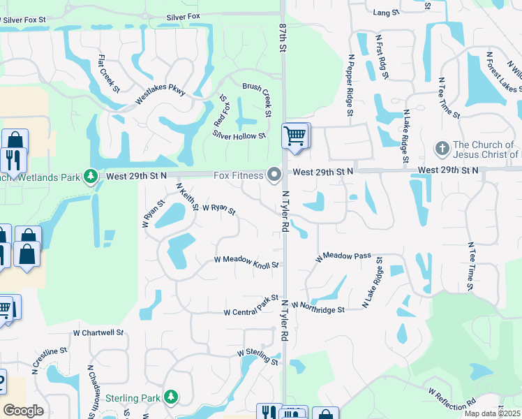 map of restaurants, bars, coffee shops, grocery stores, and more near 8905 West Meadow Park in Wichita