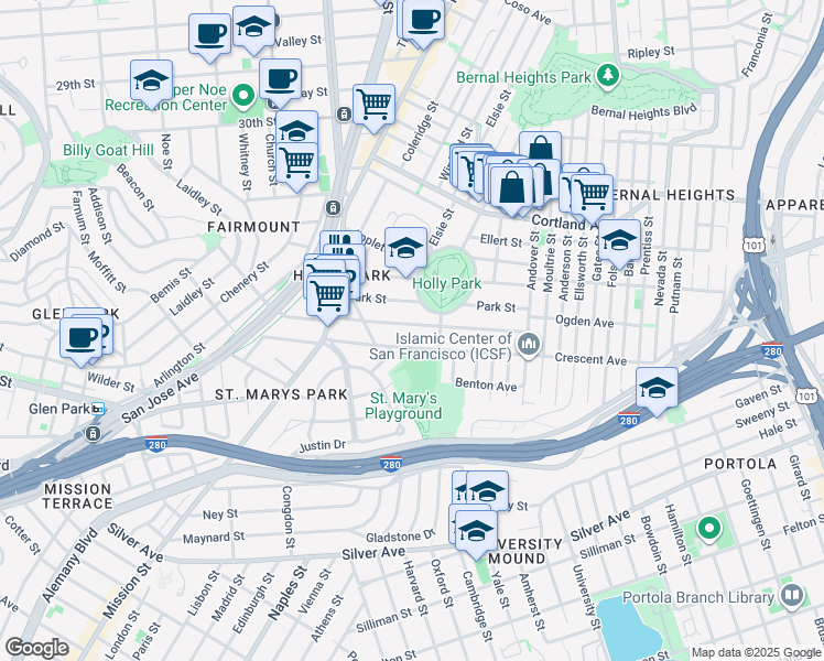 map of restaurants, bars, coffee shops, grocery stores, and more near 260 Richland Avenue in San Francisco