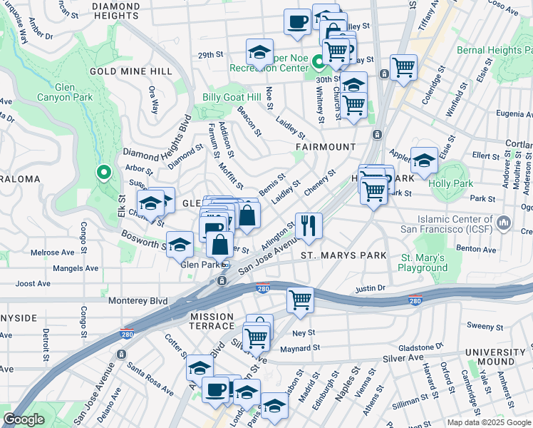 map of restaurants, bars, coffee shops, grocery stores, and more near 545 Laidley Street in San Francisco