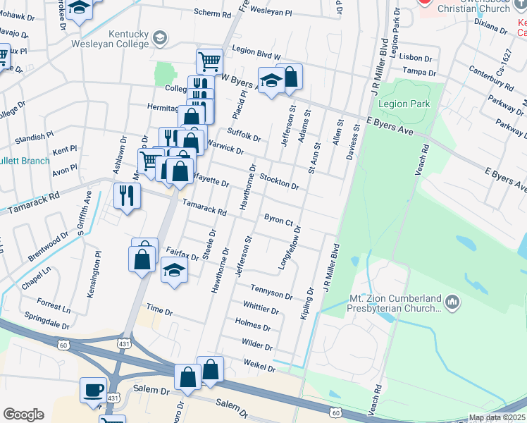 map of restaurants, bars, coffee shops, grocery stores, and more near 331 Byron Court in Owensboro