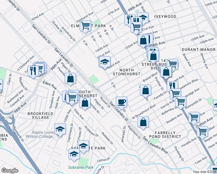 map of restaurants, bars, coffee shops, grocery stores, and more near 921 106th Avenue in Oakland