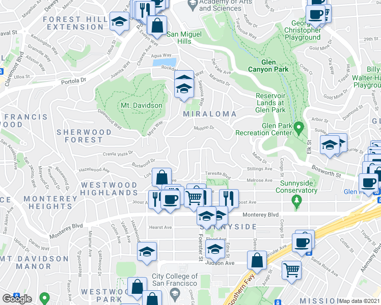 map of restaurants, bars, coffee shops, grocery stores, and more near 265 Los Palmos Drive in San Francisco