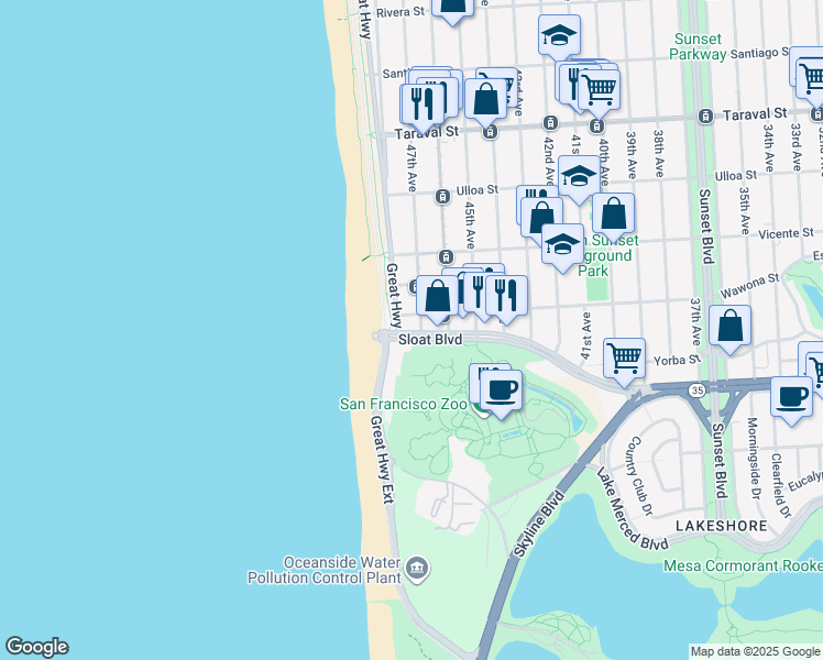 map of restaurants, bars, coffee shops, grocery stores, and more near 2930 Sloat Boulevard in San Francisco