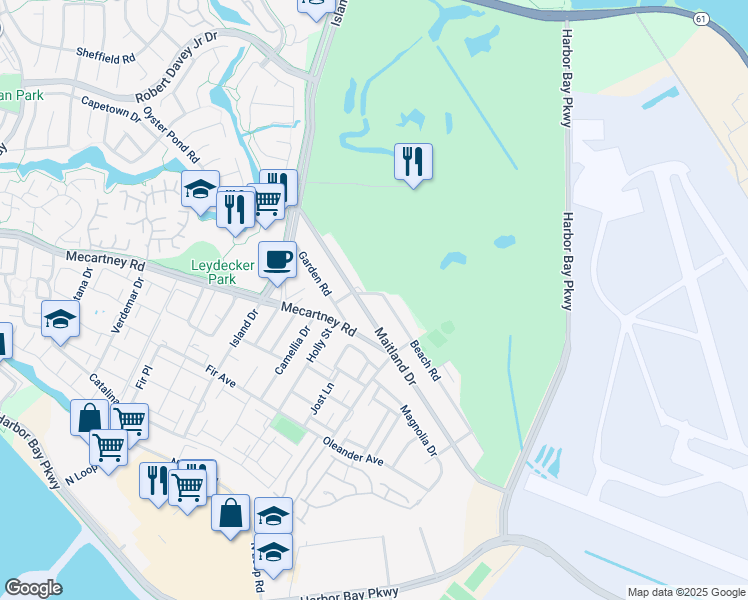 map of restaurants, bars, coffee shops, grocery stores, and more near 514 Flower Lane in Alameda
