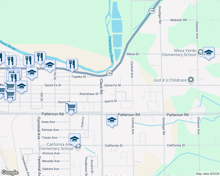 map of restaurants, bars, coffee shops, grocery stores, and more near 4042 Santa Fe Street in Riverbank