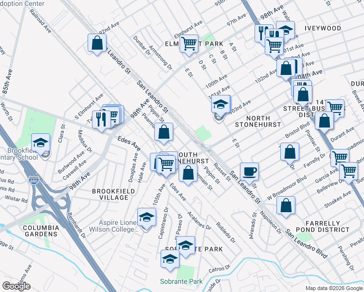 map of restaurants, bars, coffee shops, grocery stores, and more near 10418 Pippin Street in Oakland