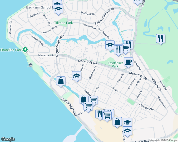 map of restaurants, bars, coffee shops, grocery stores, and more near 3032 Cerro Vista in Alameda