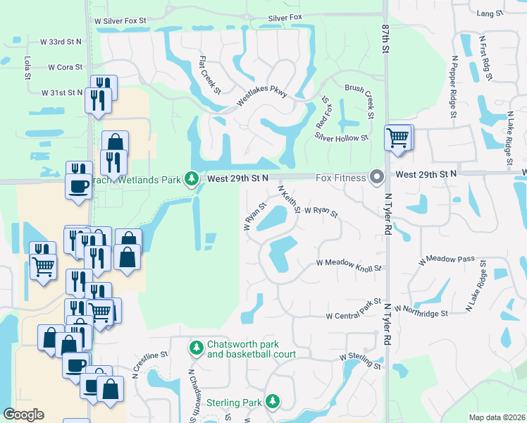map of restaurants, bars, coffee shops, grocery stores, and more near 9422 West Ryan Street in Wichita
