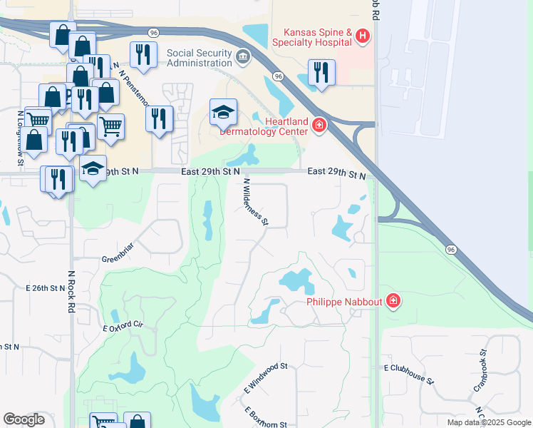 map of restaurants, bars, coffee shops, grocery stores, and more near 2854 North Wilderness Street in Wichita