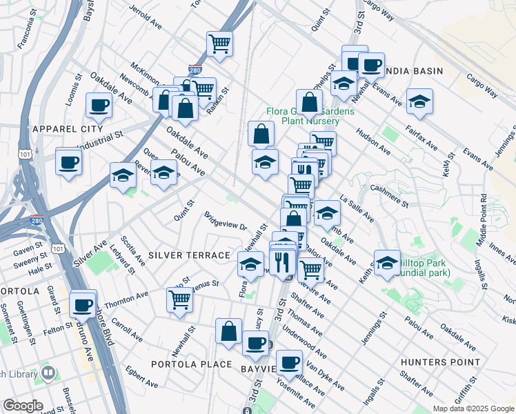 map of restaurants, bars, coffee shops, grocery stores, and more near 1740 Palou Avenue in San Francisco