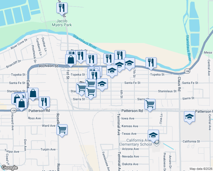 map of restaurants, bars, coffee shops, grocery stores, and more near 3430 Santa Fe Street in Riverbank