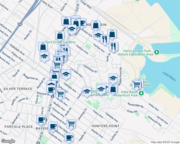 map of restaurants, bars, coffee shops, grocery stores, and more near 14 Hillview Court in San Francisco