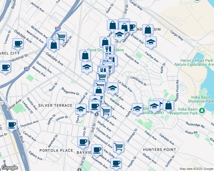 map of restaurants, bars, coffee shops, grocery stores, and more near 1215 Mendell Street in San Francisco