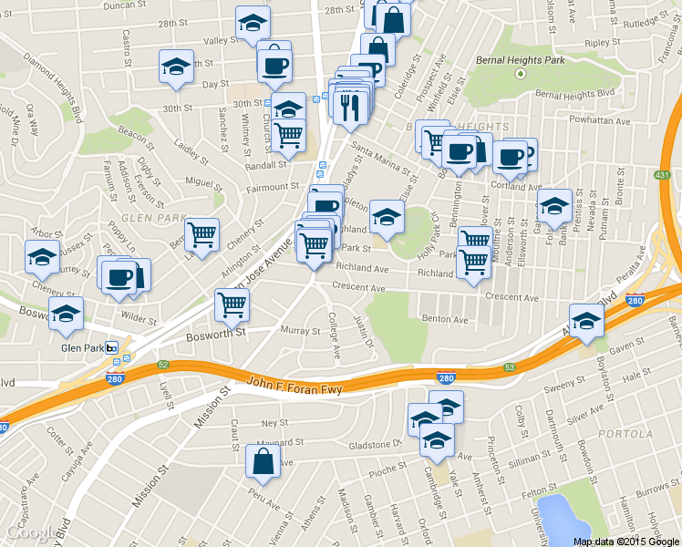 map of restaurants, bars, coffee shops, grocery stores, and more near 27 Crescent Avenue in San Francisco