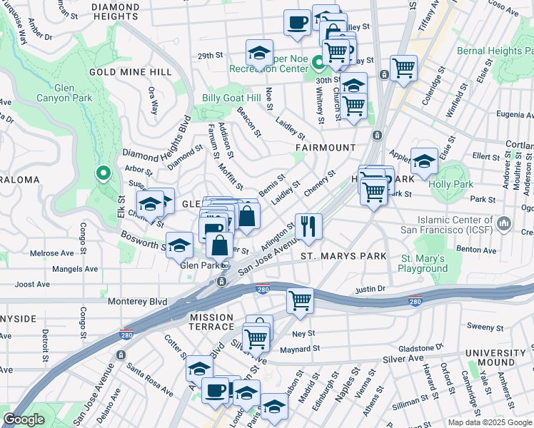 map of restaurants, bars, coffee shops, grocery stores, and more near 545 Laidley Street in San Francisco