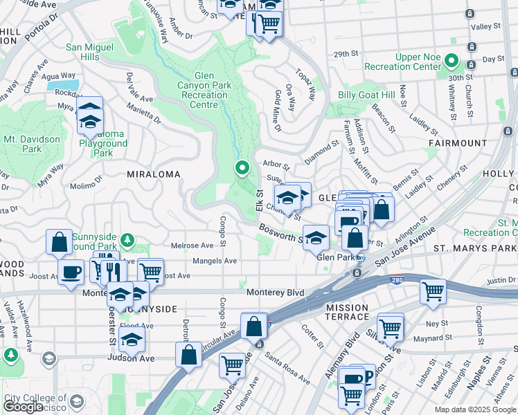 map of restaurants, bars, coffee shops, grocery stores, and more near 1223 Bosworth Street in San Francisco