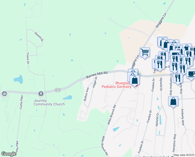 map of restaurants, bars, coffee shops, grocery stores, and more near 1290 Barnes Mill Road in Richmond