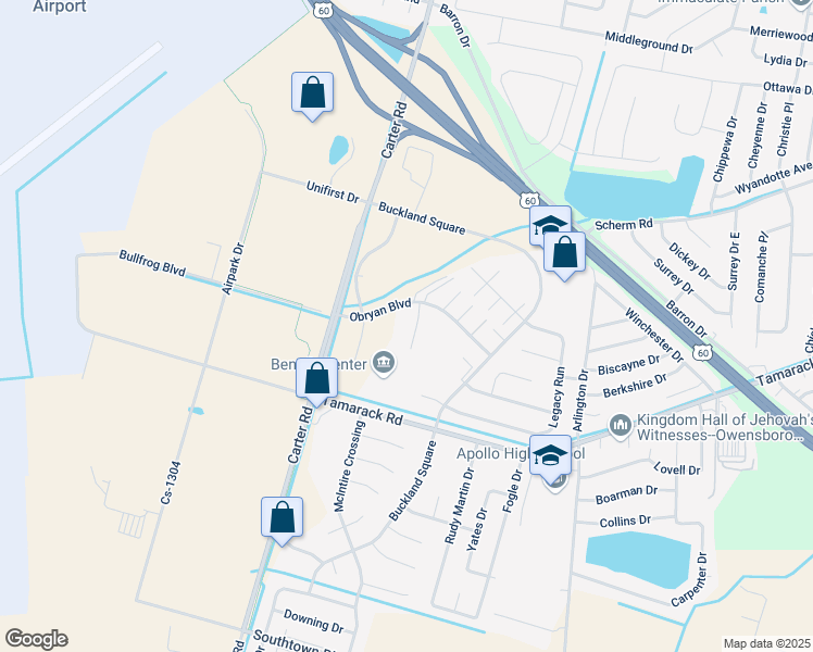 map of restaurants, bars, coffee shops, grocery stores, and more near 3620 Edna Court in Owensboro
