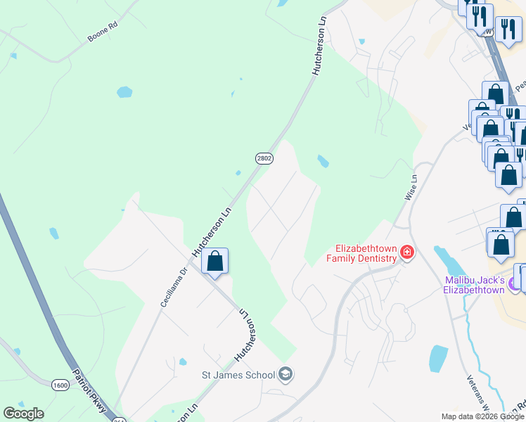 map of restaurants, bars, coffee shops, grocery stores, and more near Wolfe Run Rd in Elizabethtown