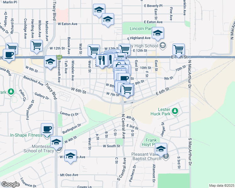 map of restaurants, bars, coffee shops, grocery stores, and more near 25 West 7th Street in Tracy