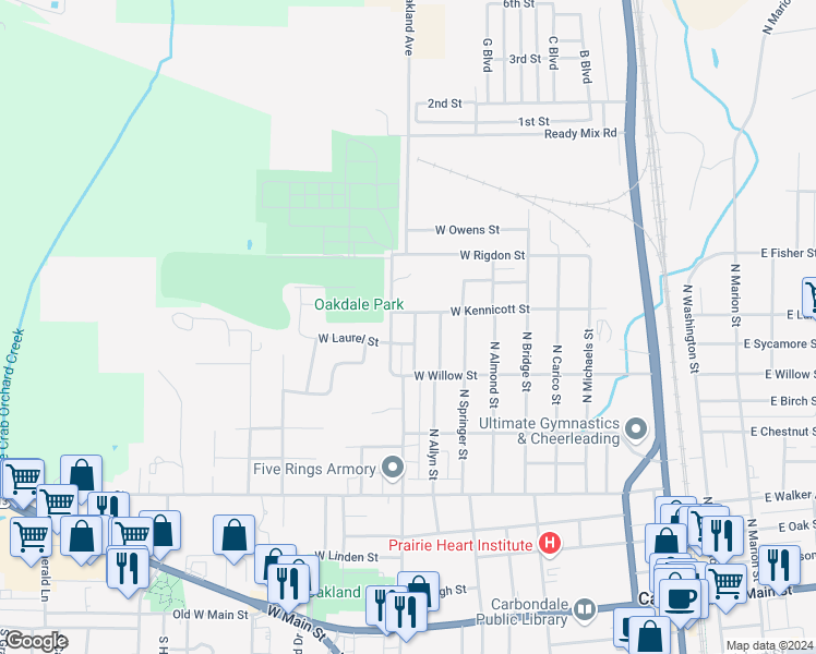 map of restaurants, bars, coffee shops, grocery stores, and more near 806 North James Street in Carbondale