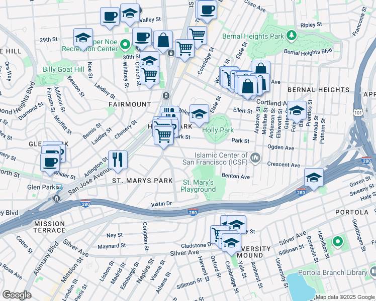 map of restaurants, bars, coffee shops, grocery stores, and more near 218 Richland Avenue in San Francisco