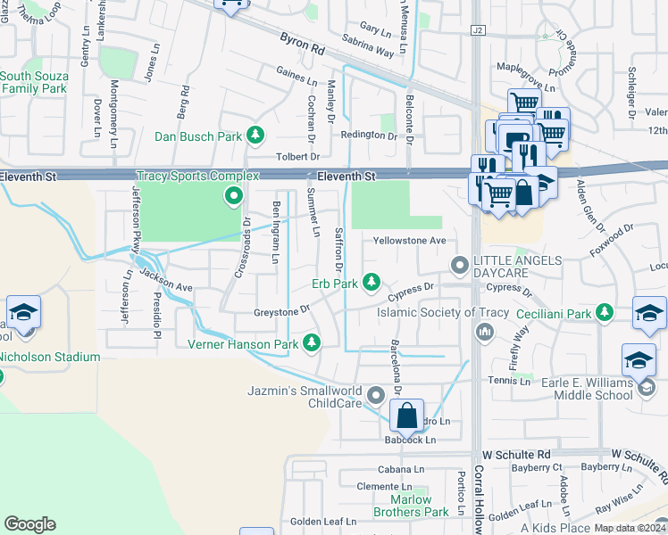 map of restaurants, bars, coffee shops, grocery stores, and more near 741 Saffron Drive in Tracy