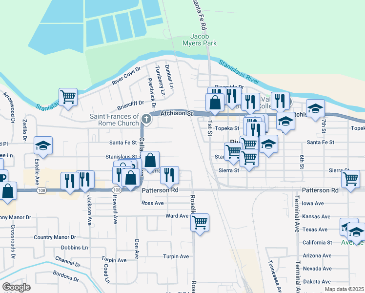 map of restaurants, bars, coffee shops, grocery stores, and more near 2906 Santa Fe St in Riverbank