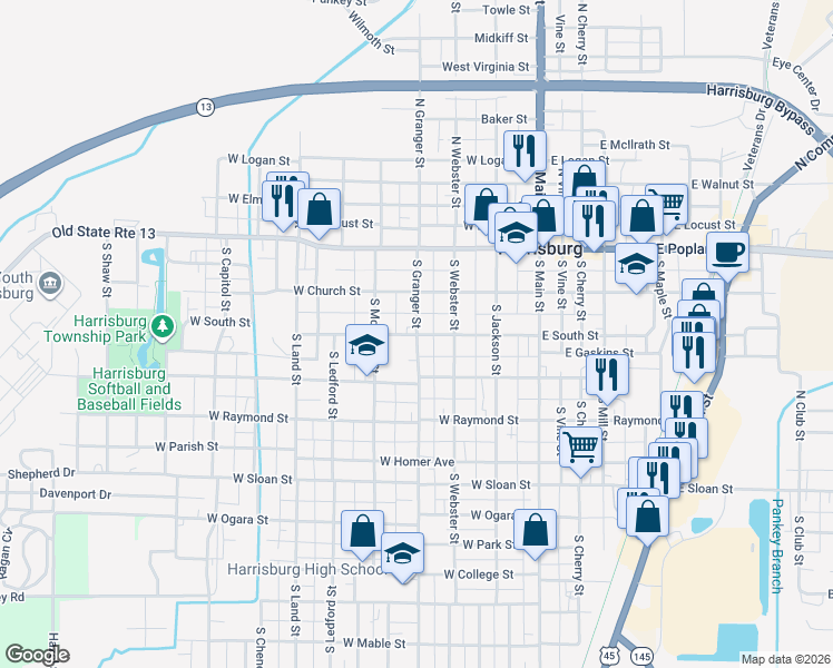map of restaurants, bars, coffee shops, grocery stores, and more near 198 S Granger St in Harrisburg