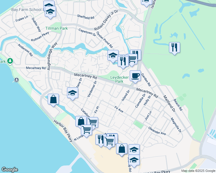 map of restaurants, bars, coffee shops, grocery stores, and more near 3146 Bali Lane in Alameda