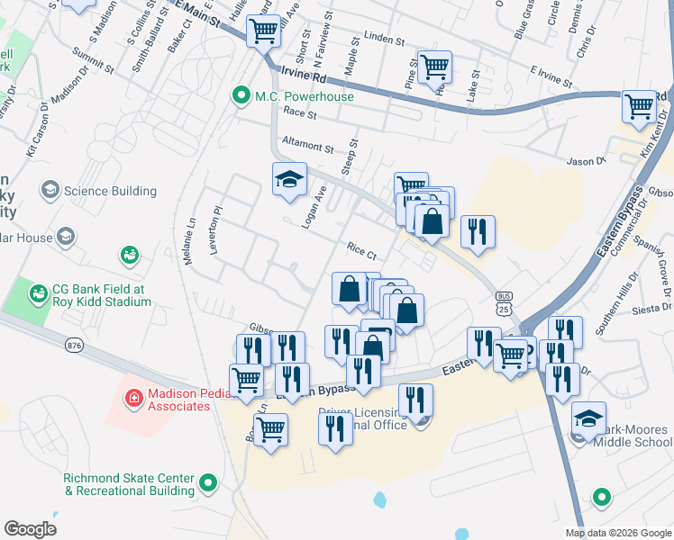 map of restaurants, bars, coffee shops, grocery stores, and more near 219 Boggs Lane in Richmond