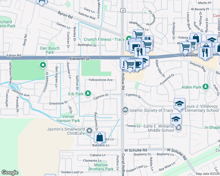 map of restaurants, bars, coffee shops, grocery stores, and more near 2107 Shenandoah Drive in Tracy