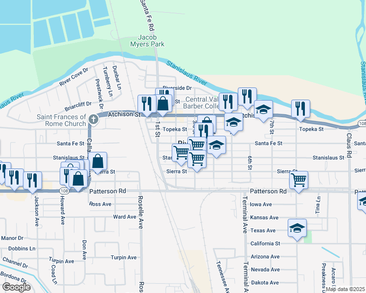 map of restaurants, bars, coffee shops, grocery stores, and more near 6603 2nd Street in Riverbank