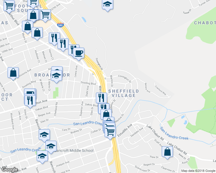 map of restaurants, bars, coffee shops, grocery stores, and more near 45 Marlow Drive in Oakland