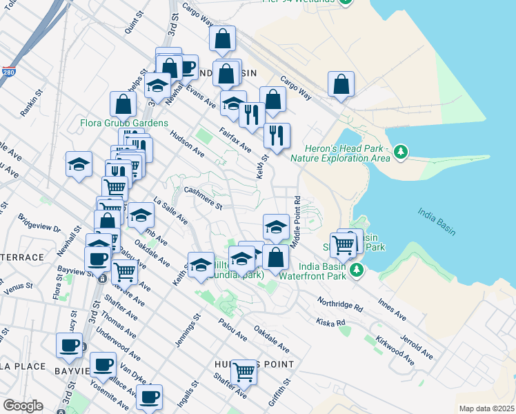 map of restaurants, bars, coffee shops, grocery stores, and more near 12 Cashmere Street in San Francisco
