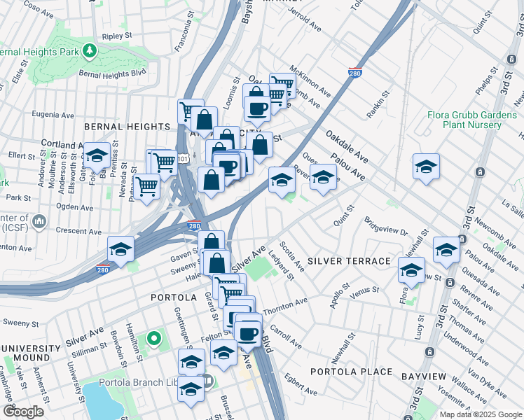 map of restaurants, bars, coffee shops, grocery stores, and more near 38 Waterville Street in San Francisco