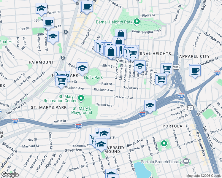 map of restaurants, bars, coffee shops, grocery stores, and more near 366 Richland Avenue in San Francisco