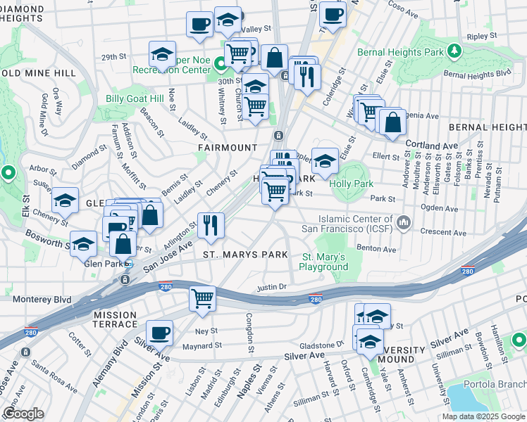 map of restaurants, bars, coffee shops, grocery stores, and more near 177 College Avenue in San Francisco